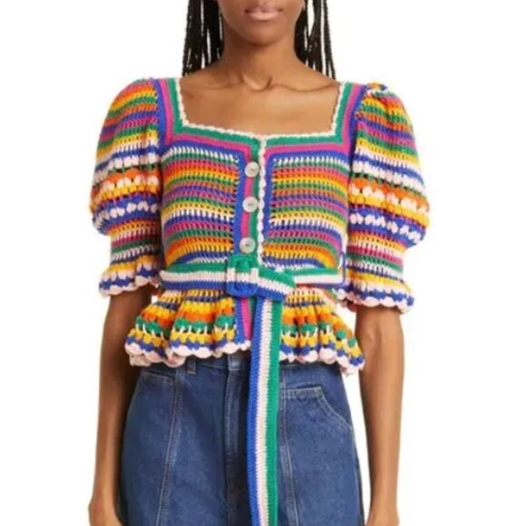 NWOT Rare Farm Rio Stripe Multicolor Crochet Cotton Blend Sweater/Top S $240 - Picture 7 of 11